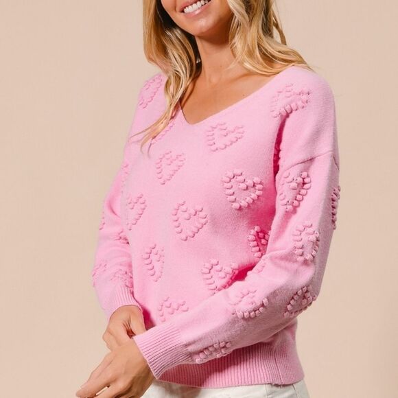 BiBi Pompom V Neck Knit Top Pale Pink Heart Pattern Sweater Sz Large [8-10] - Picture 9 of 15